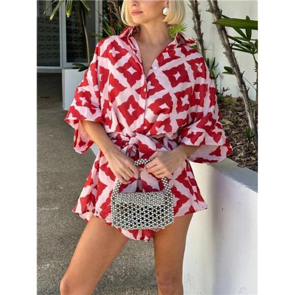 Women's Casual All-Over Print Batwing Sleeve Jumpsuit, Suitable For Vacation - Picture 1 of 4